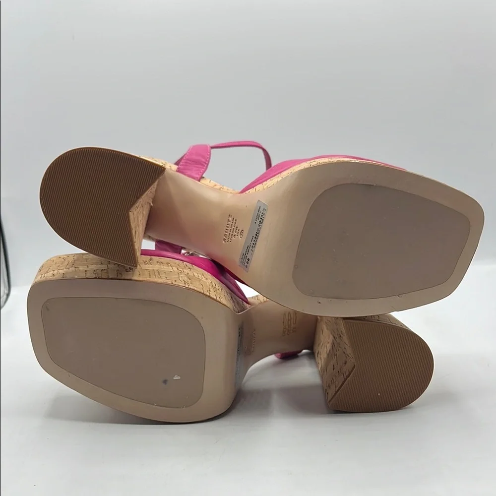 SCHUTZ Sz 9 1/2 GLAYCE NAPPA LEATHER‎ SANDAL Pink Tan Platform Chunky Heel NEW